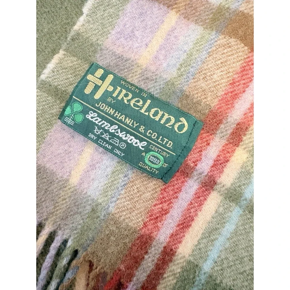 Ireland 100% Wool Blanket John Hanly & Co Plaid Purple Green Fringe Trim 50x62